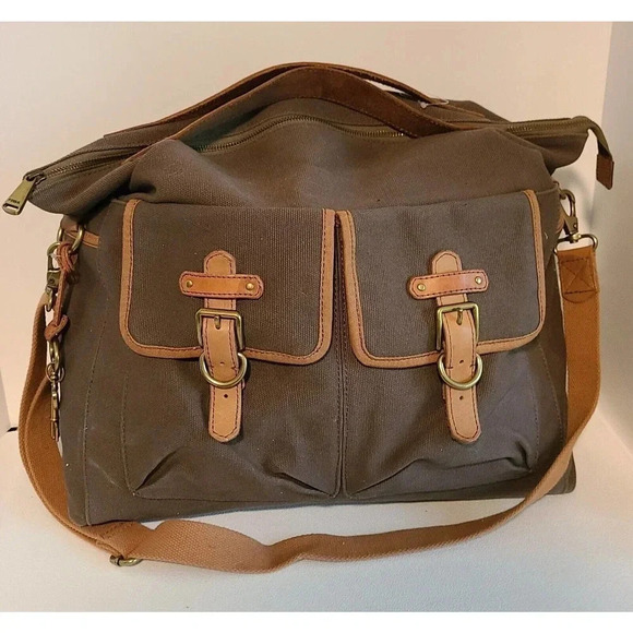 FOSSIL DUFFEL 1954 LONG LIVE VINTAGE LEATHER GREEN CANVAS MILITARY STYLE BAG LG - Picture 1 of 16